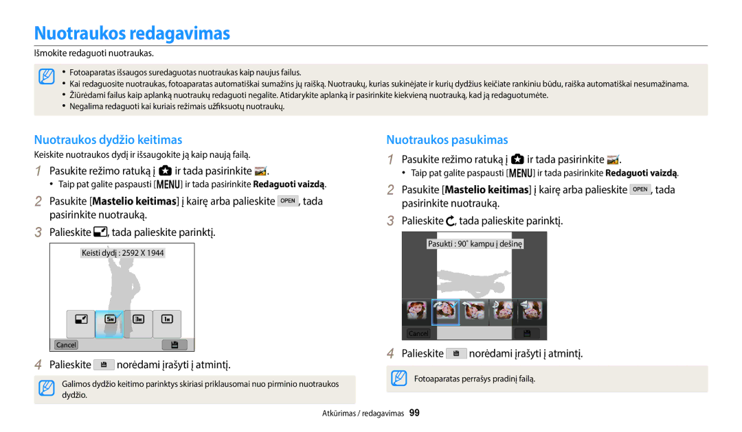 Samsung EC-WB50FZBPBE2, EC-WB350FBPWE2 manual Nuotraukos redagavimas, Nuotraukos dydžio keitimas, Nuotraukos pasukimas 