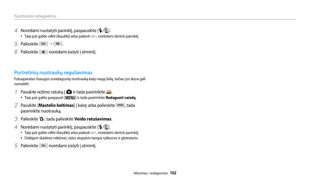 Samsung EC-WB352FBDWE2, EC-WB350FBPWE2 Portretinių nuotraukų reguliavimas, Norėdami nustatyti parinktį, paspauskite F/t 