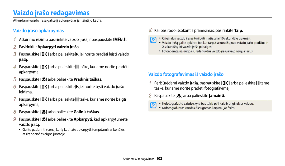 Samsung EC-WB350FBPBE2 manual Vaizdo įrašo redagavimas, Vaizdo įrašo apkarpymas, Vaizdo fotografavimas iš vaizdo įrašo 