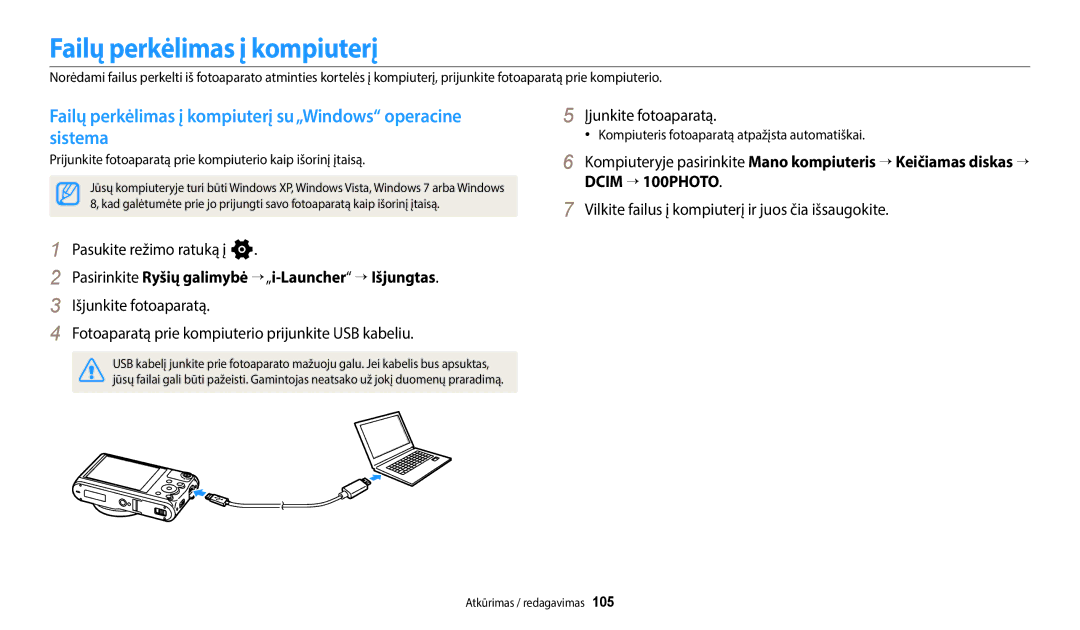 Samsung EC-WB352FBDBE2 manual Failų perkėlimas į kompiuterį su„Windows operacine sistema, Įjunkite fotoaparatą 