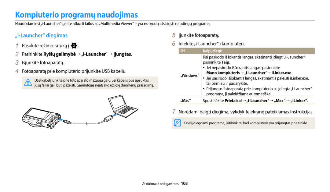 Samsung EC-WB50FZBPBE2, EC-WB350FBPWE2, EC-WB350FBPRE2 Kompiuterio programų naudojimas, „i-Launcher diegimas, Kaip įdiegti 