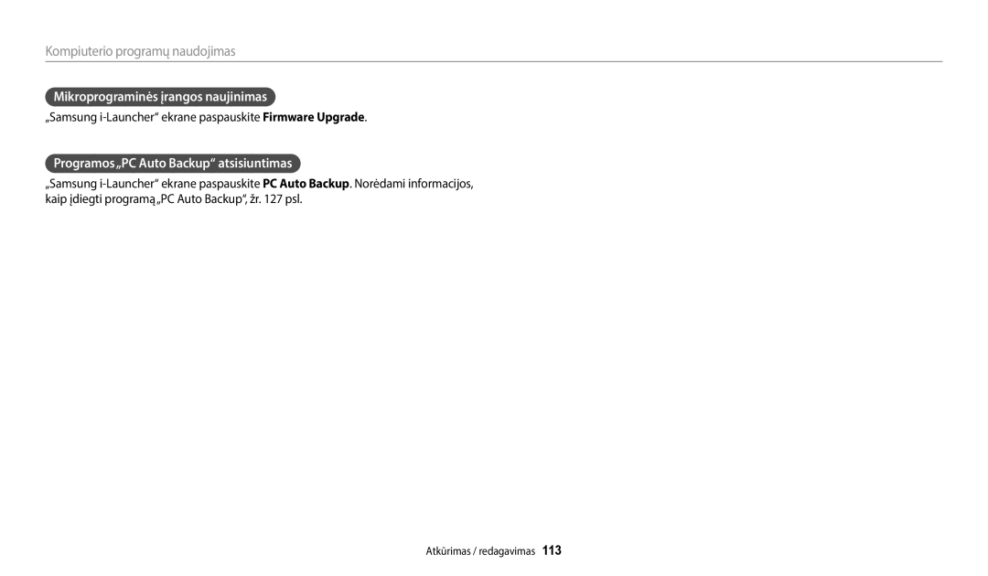 Samsung EC-WB50FZBPWE2, EC-WB350FBPWE2 manual Mikroprograminės įrangos naujinimas, Programos„PC Auto Backup atsisiuntimas 