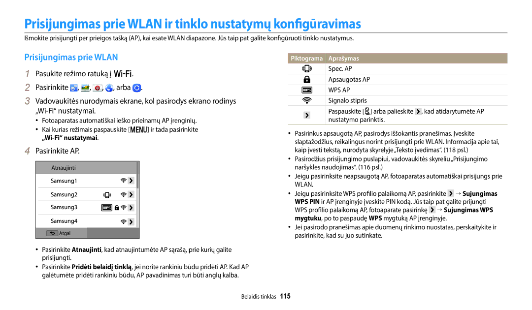 Samsung EC-WB50FZBPRE2 Prisijungimas prie Wlan ir tinklo nustatymų konfigūravimas, Pasirinkite AP, Spec. AP Apsaugotas AP 