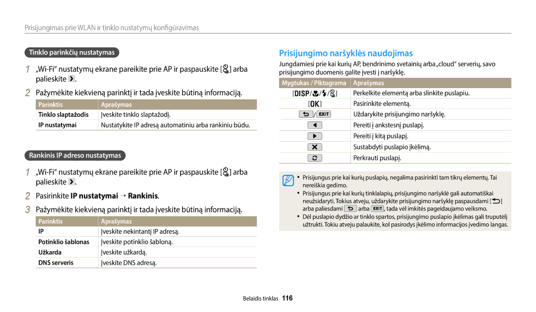 Samsung EC-WB350FBPWE2, EC-WB50FZBPBE2 manual Prisijungimo naršyklės naudojimas, Pasirinkite IP nustatymai → Rankinis 