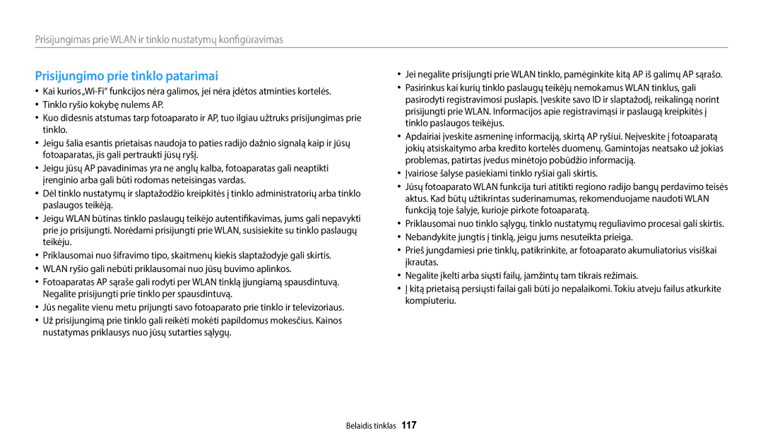 Samsung EC-WB50FZBPBE2 manual Prisijungimo prie tinklo patarimai, Įvairiose šalyse pasiekiami tinklo ryšiai gali skirtis 