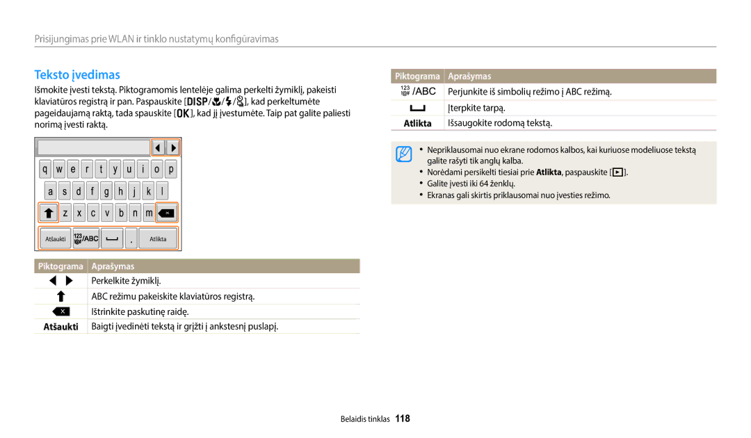 Samsung EC-WB350FBPRE2 manual Teksto įvedimas, Perjunkite iš simbolių režimo į ABC režimą, Įterpkite tarpą, Atlikta 