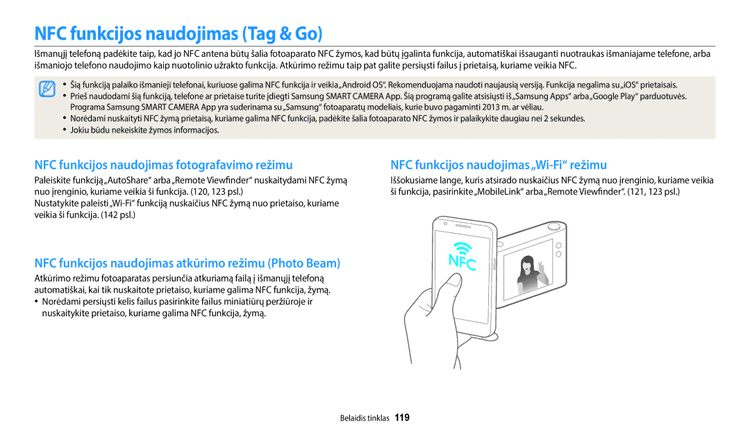 Samsung EC-WB350FBPNE2, EC-WB350FBPWE2 NFC funkcijos naudojimas Tag & Go, NFC funkcijos naudojimas fotografavimo režimu 