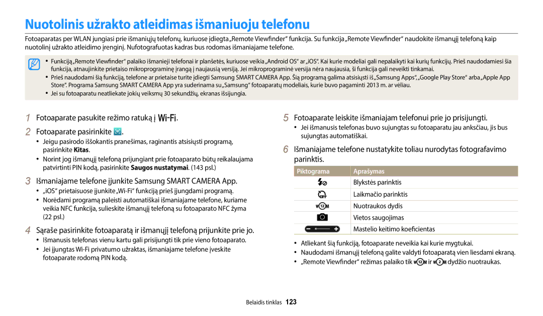 Samsung EC-WB352FBDBE2, EC-WB350FBPWE2, EC-WB50FZBPBE2, EC-WB350FBPRE2 Nuotolinis užrakto atleidimas išmaniuoju telefonu 