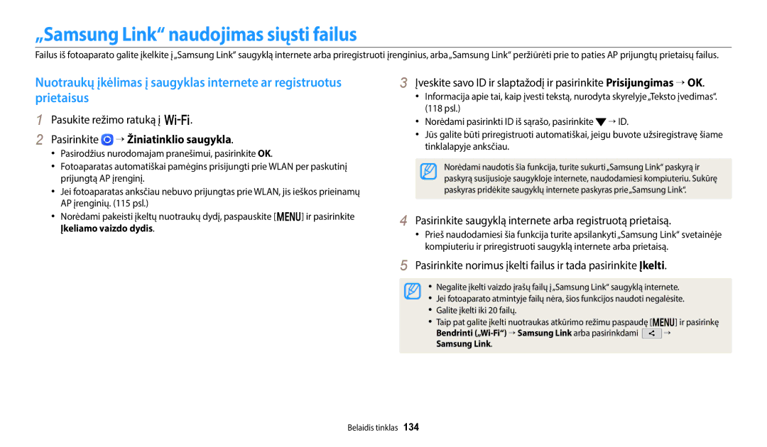 Samsung EC-WB350FBPWE2 manual „Samsung Link naudojimas siųsti failus, Pasukite režimo ratuką į w, Įkeliamo vaizdo dydis 