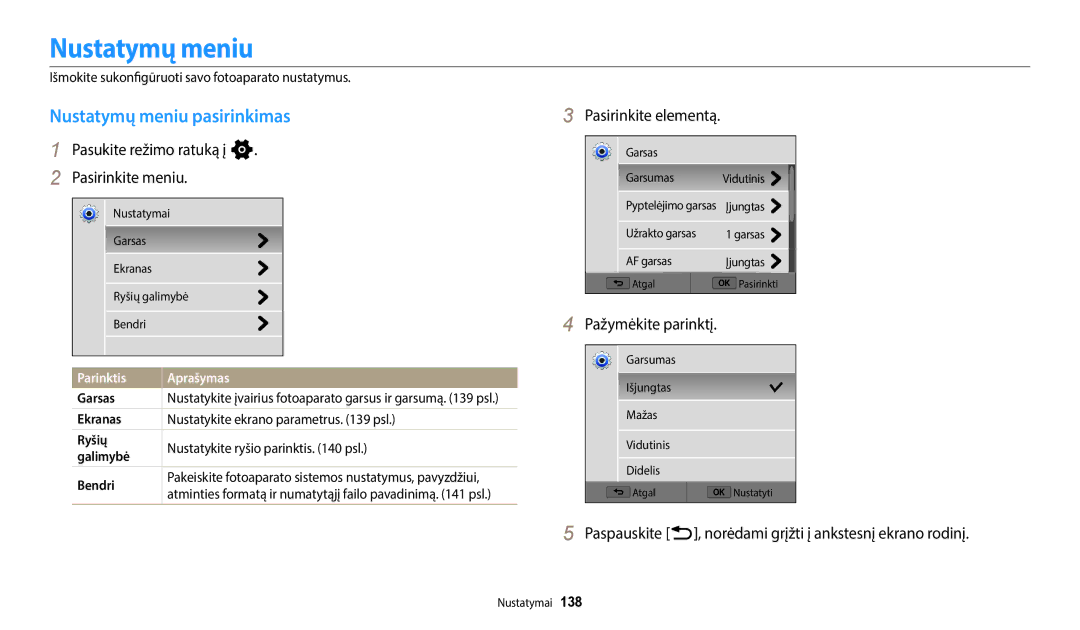 Samsung EC-WB352FBDWE2, EC-WB350FBPWE2 manual Nustatymų meniu pasirinkimas, Pasukite režimo ratuką į n Pasirinkite meniu 