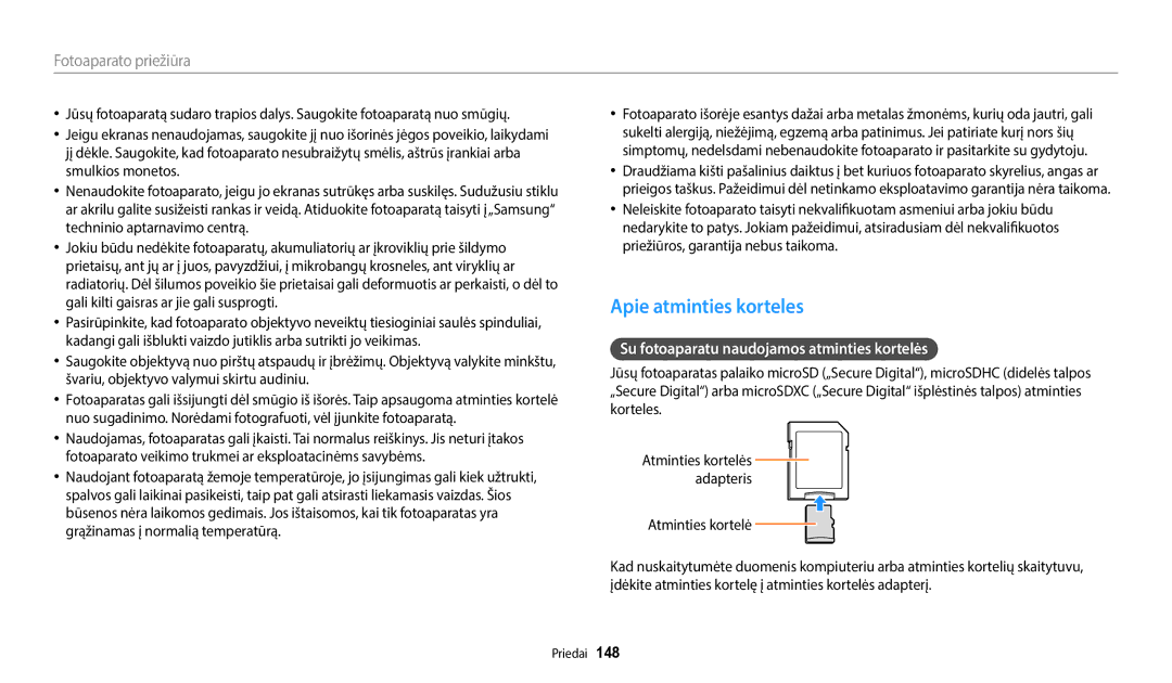 Samsung EC-WB350FBPBE2, EC-WB350FBPWE2 manual Apie atminties korteles, Su fotoaparatu naudojamos atminties kortelės 