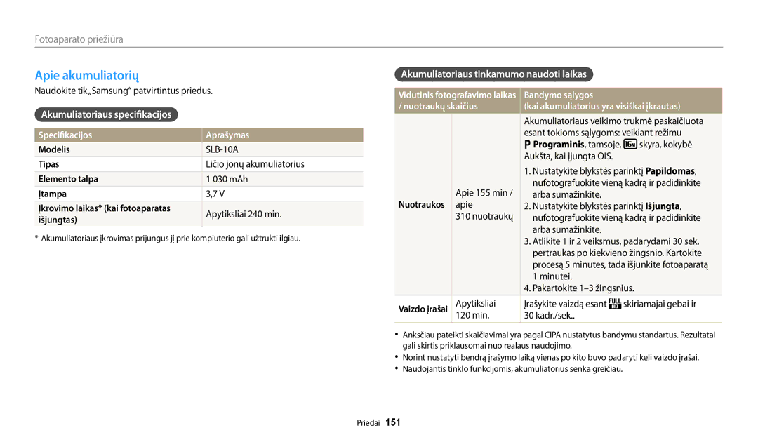 Samsung EC-WB50FZBPRE2 manual Apie akumuliatorių, Akumuliatoriaus specifikacijos, Akumuliatoriaus tinkamumo naudoti laikas 