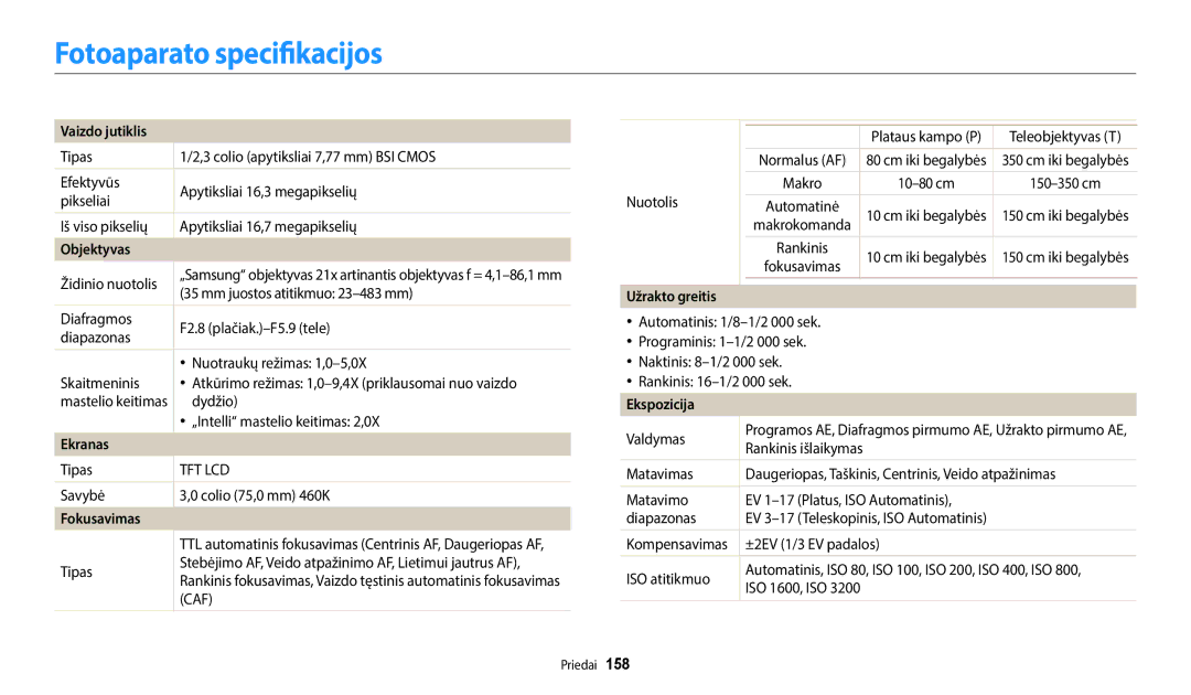 Samsung EC-WB50FZBPWE2, EC-WB350FBPWE2, EC-WB50FZBPBE2 Fotoaparato specifikacijos, Vaizdo jutiklis, Ekranas, Ekspozicija 