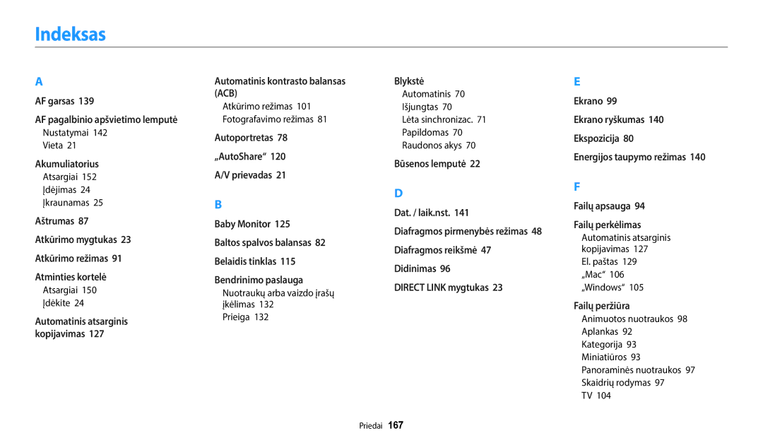 Samsung EC-WB50FZBPWE2, EC-WB350FBPWE2 manual Indeksas, Nustatymai Vieta, Nuotraukų arba vaizdo įrašų įkėlimas Prieiga 