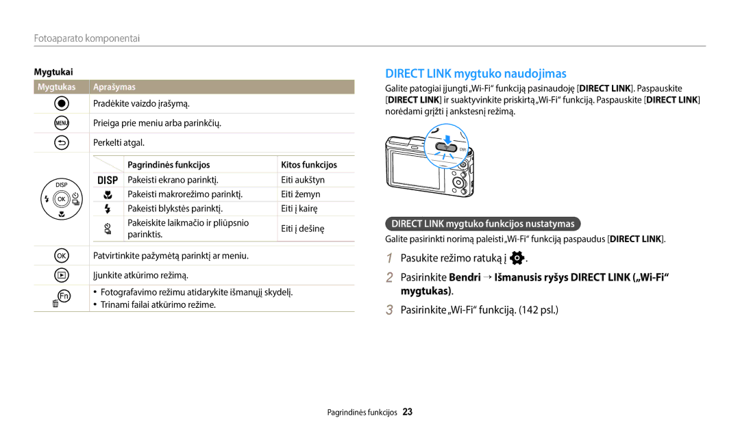 Samsung EC-WB50FZBPWE2 manual Direct Link mygtuko naudojimas, Pasukite režimo ratuką į n, Pasirinkite„Wi-Fi funkciją psl 