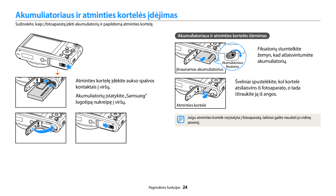 Samsung EC-WB352FBDBE2 Akumuliatoriaus ir atminties kortelės įdėjimas, Akumuliatoriaus ir atminties kortelės išėmimas 