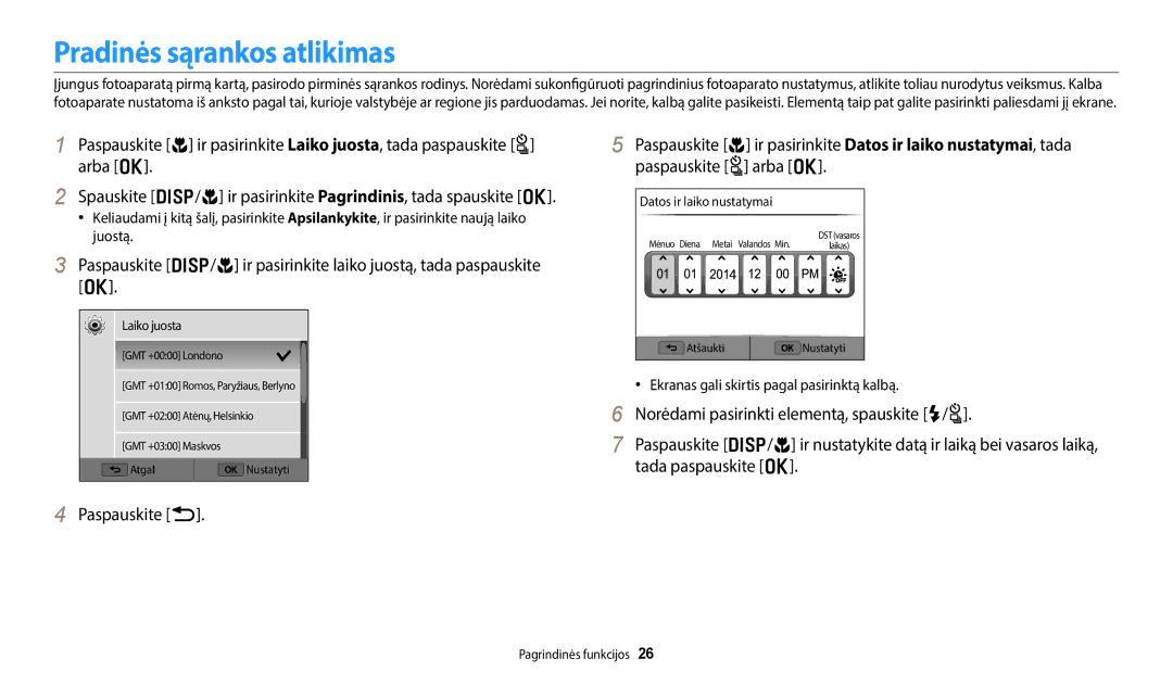 Samsung EC-WB350FBPWE2 manual Pradinės sąrankos atlikimas, Paspauskite b, Ekranas gali skirtis pagal pasirinktą kalbą 