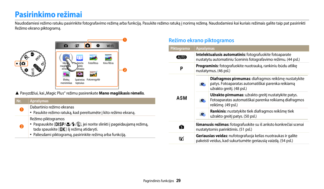 Samsung EC-WB350FBPNE2 manual Pasirinkimo režimai, Režimo ekrano piktogramos, Nustatymus psl, Nustatytomis parinktimis psl 