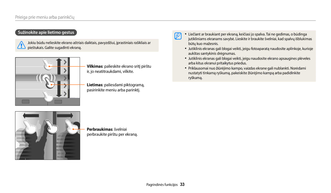 Samsung EC-WB352FBDBE2, EC-WB350FBPWE2 Sužinokite apie lietimo gestus, Perbraukimas švelniai perbraukite pirštu per ekraną 