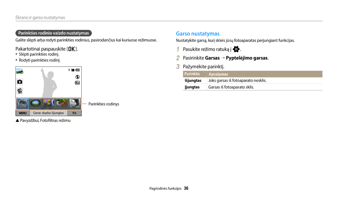 Samsung EC-WB50FZBPBE2 manual Garso nustatymas, Pakartotinai paspauskite o, Pasirinkite Garsas → Pyptelėjimo garsas 