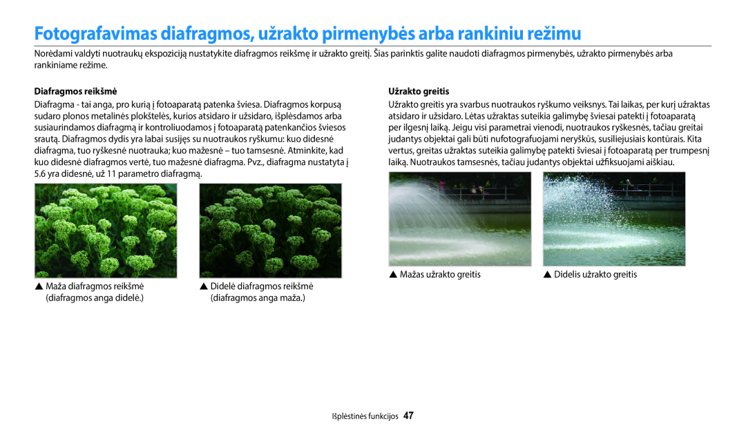 Samsung EC-WB350FBPNE2, EC-WB350FBPWE2, EC-WB50FZBPBE2 manual Diafragmos reikšmė, Užrakto greitis, Mažas užrakto greitis 