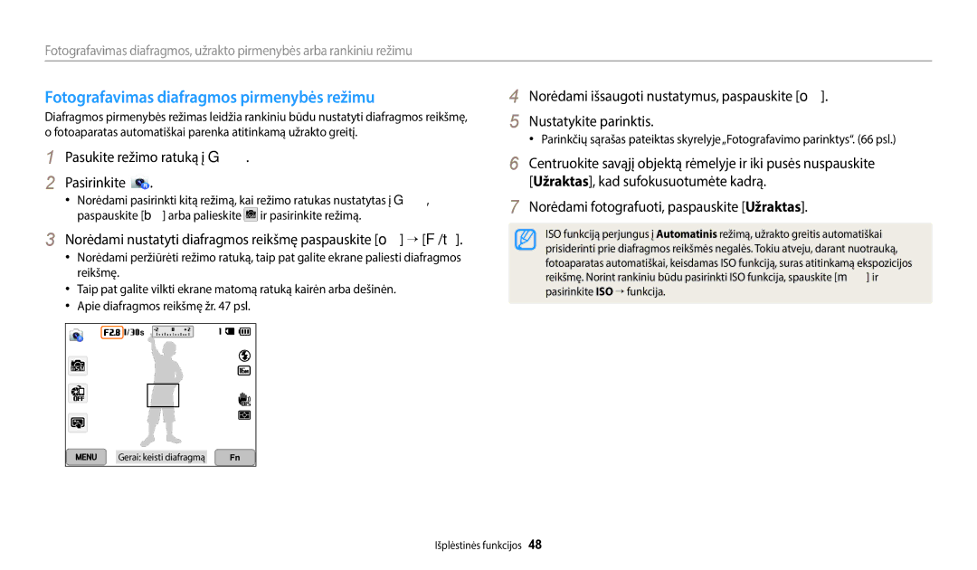 Samsung EC-WB352FBDWE2, EC-WB350FBPWE2 Fotografavimas diafragmos pirmenybės režimu, Pasukite režimo ratuką į G Pasirinkite 