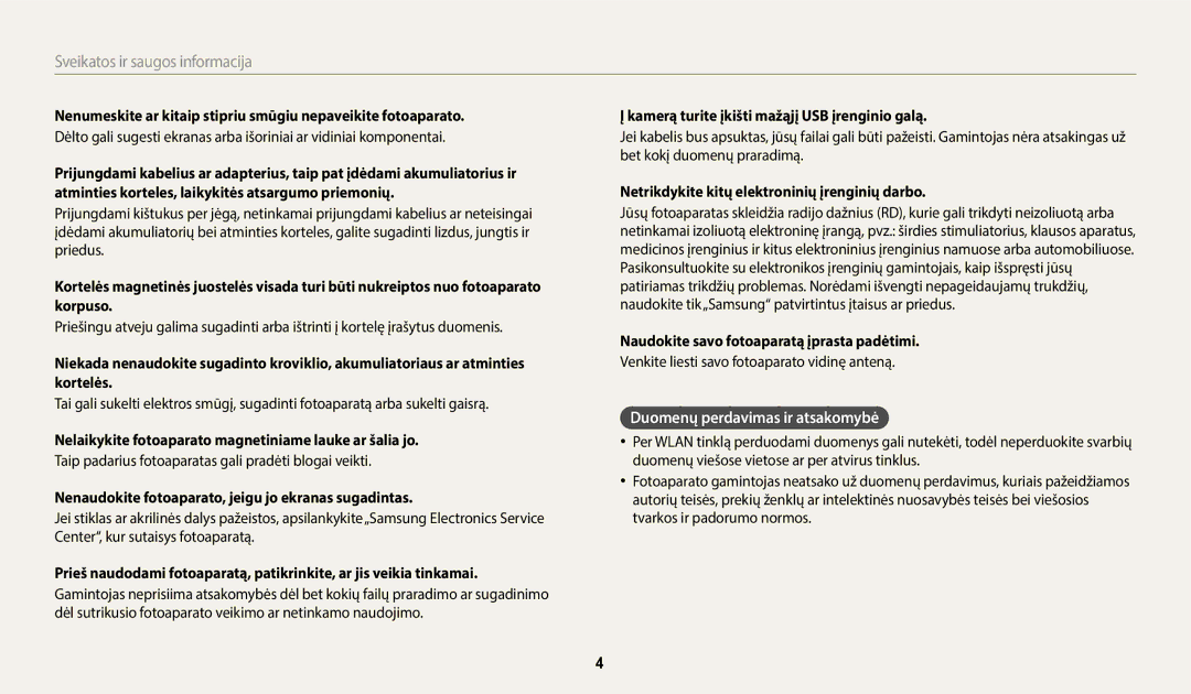 Samsung EC-WB350FBPBE2, EC-WB350FBPWE2, EC-WB50FZBPBE2, EC-WB350FBPRE2, EC-WB350FBPNE2 manual Duomenų perdavimas ir atsakomybė 