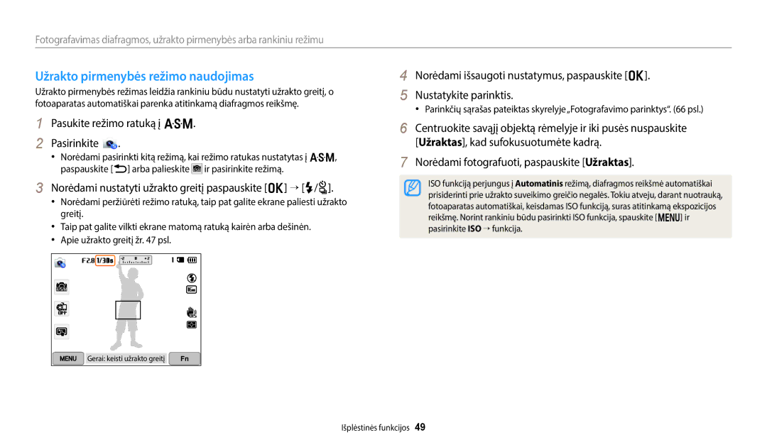 Samsung EC-WB350FBPBE2 manual Užrakto pirmenybės režimo naudojimas, Norėdami nustatyti užrakto greitį paspauskite o → F/t 