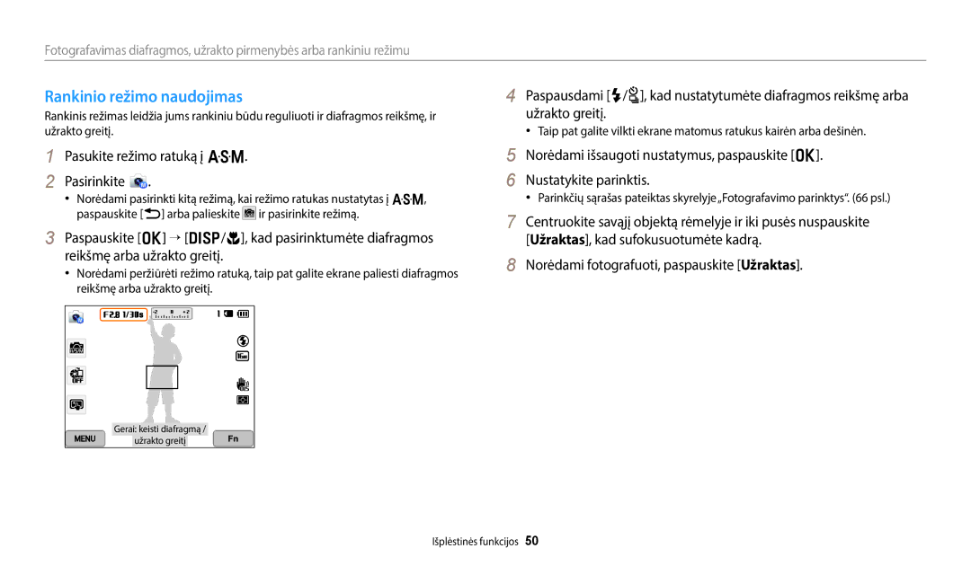 Samsung EC-WB50FZBPWE2, EC-WB350FBPWE2, EC-WB50FZBPBE2, EC-WB350FBPRE2, EC-WB350FBPNE2 manual Rankinio režimo naudojimas 