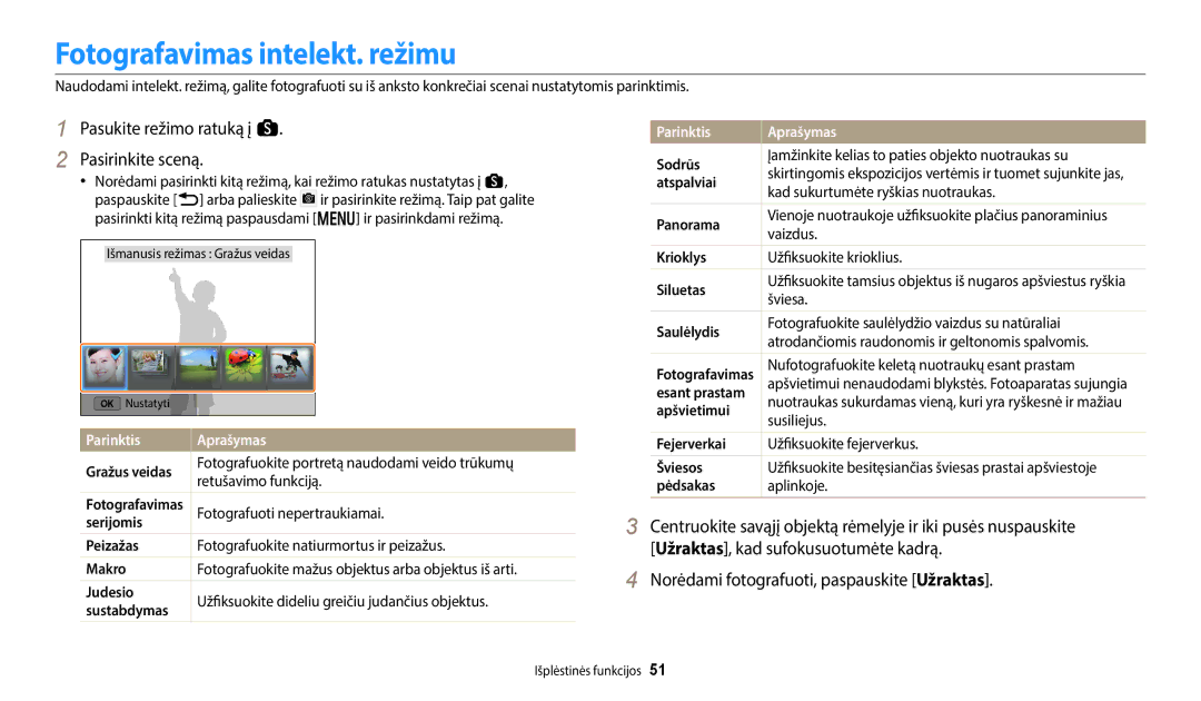 Samsung EC-WB352FBDBE2 Fotografavimas intelekt. režimu, Pasukite režimo ratuką į s Pasirinkite sceną, Parinktis Aprašymas 