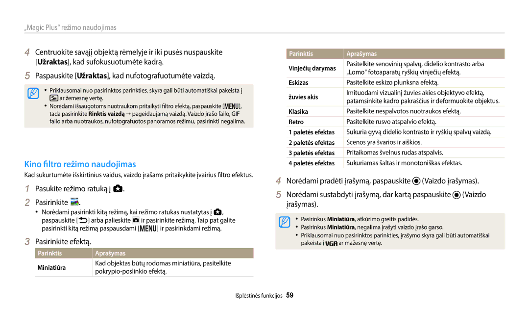 Samsung EC-WB50FZBPWE2, EC-WB350FBPWE2, EC-WB50FZBPBE2, EC-WB350FBPRE2, EC-WB350FBPNE2 manual Kino filtro režimo naudojimas 