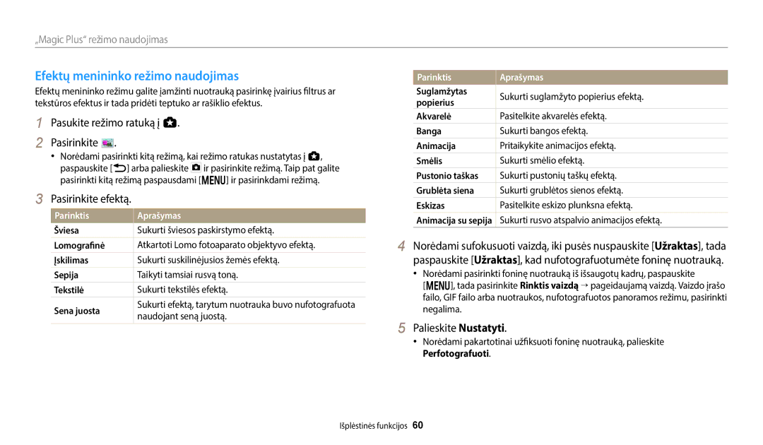 Samsung EC-WB352FBDBE2, EC-WB350FBPWE2, EC-WB50FZBPBE2 manual Efektų menininko režimo naudojimas, Naudojant seną juostą 