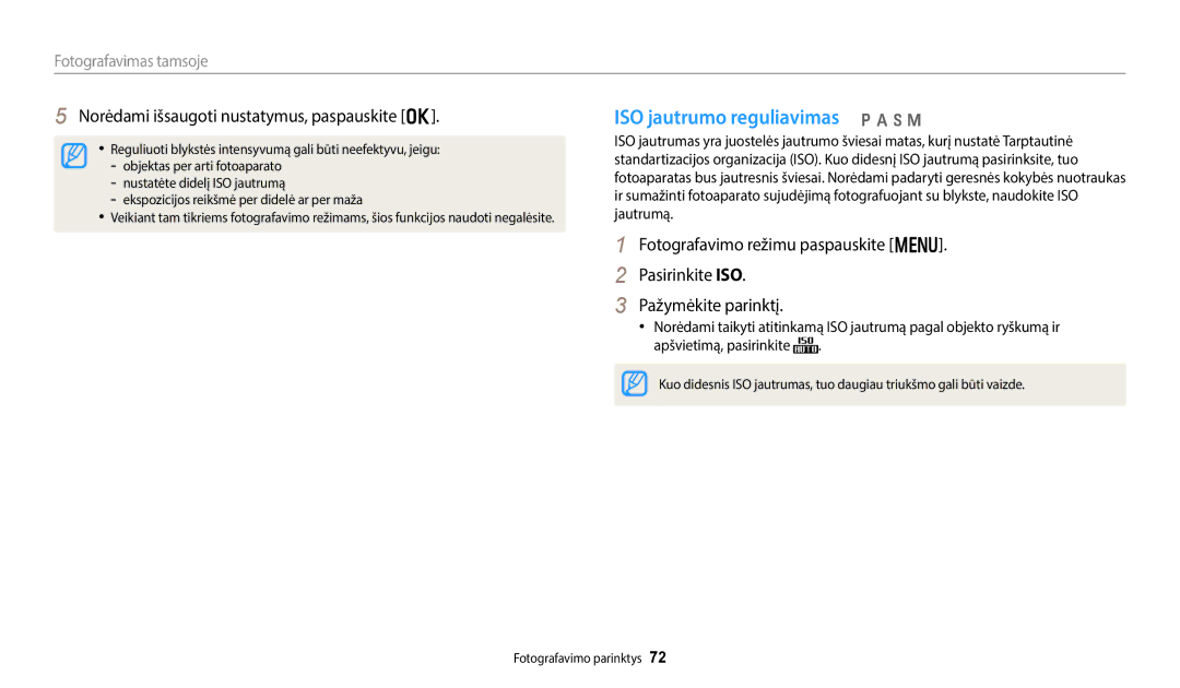 Samsung EC-WB50FZBPBE2, EC-WB350FBPWE2 ISO jautrumo reguliavimas p a h M, Norėdami išsaugoti nustatymus, paspauskite o 