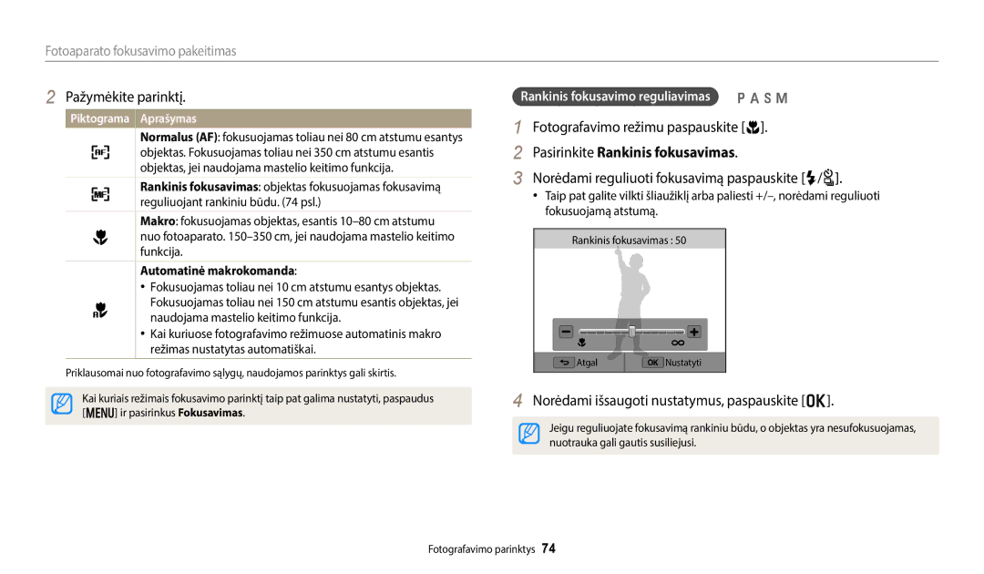 Samsung EC-WB350FBPNE2, EC-WB350FBPWE2 Pasirinkite Rankinis fokusavimas, Norėdami reguliuoti fokusavimą paspauskite F/t 