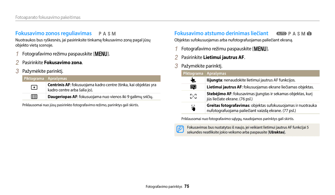 Samsung EC-WB352FBDWE2 manual Fokusavimo zonos reguliavimas p a h M, Fokusavimo atstumo derinimas liečiant T p a h M s 