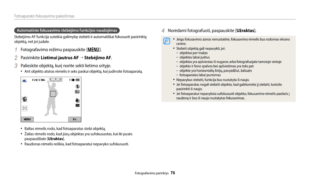 Samsung EC-WB350FBPBE2, EC-WB350FBPWE2, EC-WB50FZBPBE2, EC-WB350FBPRE2 manual Pasirinkite Lietimui jautrus AF → Stebėjimo AF 