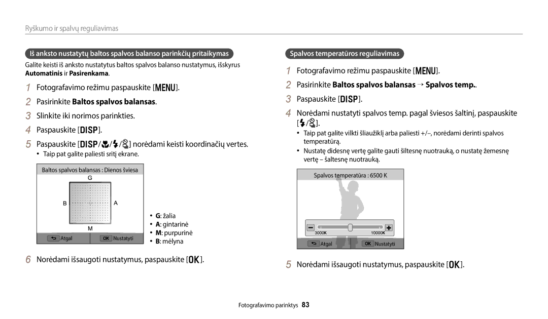 Samsung EC-WB350FBPNE2 manual Pasirinkite Baltos spalvos balansas → Spalvos temp, Spalvos temperatūros reguliavimas 