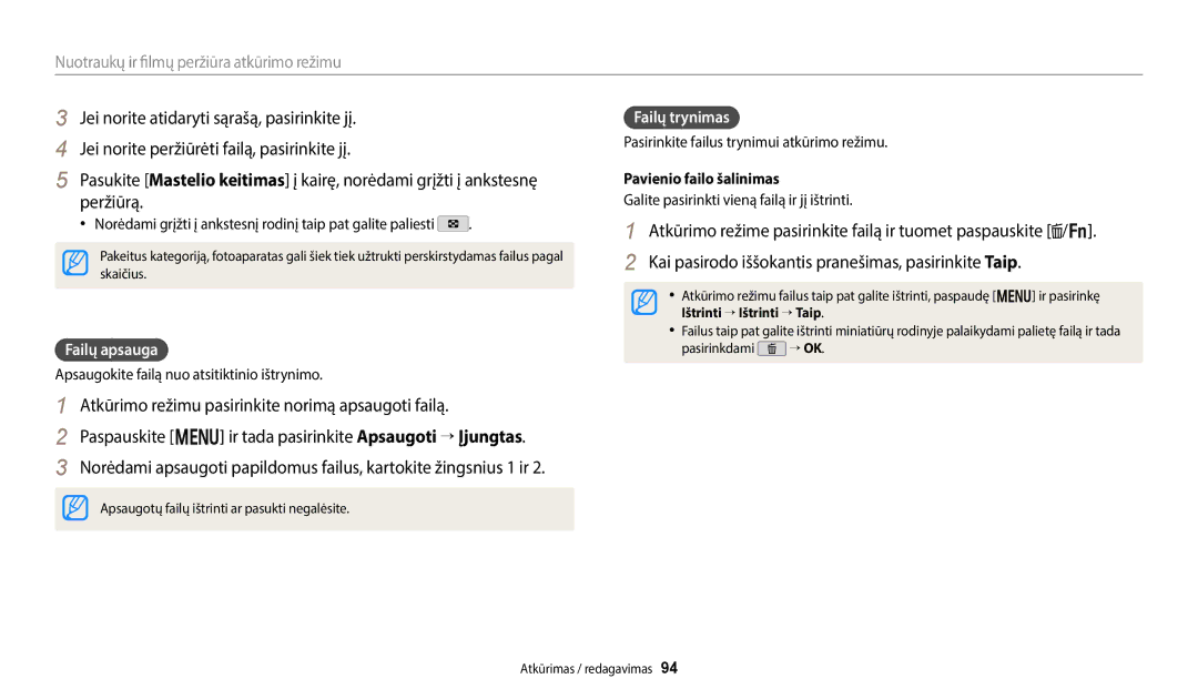 Samsung EC-WB350FBPBE2, EC-WB350FBPWE2, EC-WB50FZBPBE2 manual Failų apsauga, Failų trynimas, Pavienio failo šalinimas 