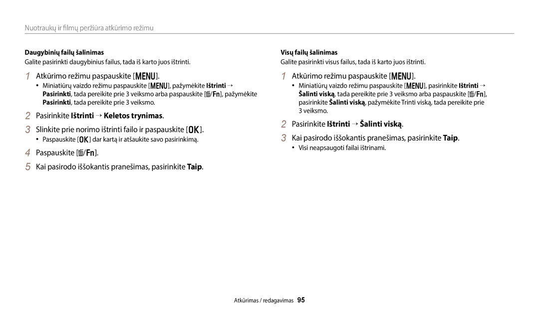 Samsung EC-WB50FZBPWE2, EC-WB350FBPWE2 manual Atkūrimo režimu paspauskite m, Pasirinkite Ištrinti → Keletos trynimas 