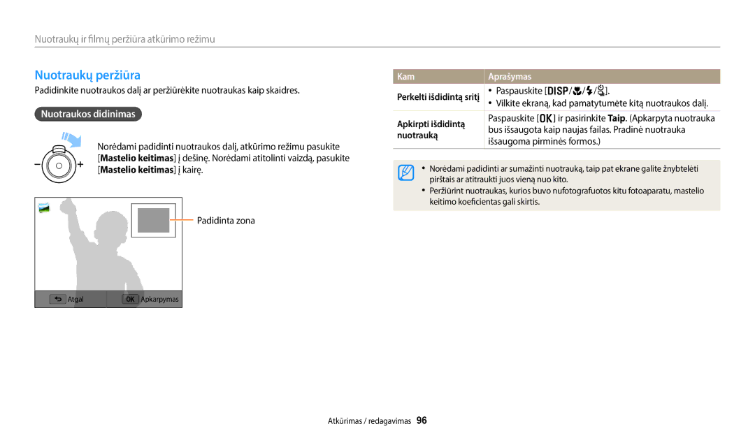 Samsung EC-WB352FBDBE2, EC-WB350FBPWE2, EC-WB50FZBPBE2 manual Nuotraukų peržiūra, Nuotraukos didinimas, Kam Aprašymas 