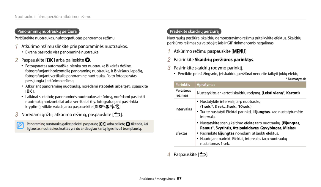 Samsung EC-WB50FZBPRE2, EC-WB350FBPWE2 Atkūrimo režimu slinkite prie panoraminės nuotraukos, Paspauskite o arba palieskite 