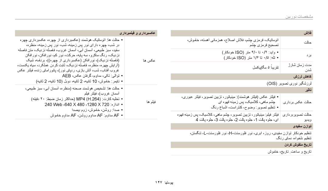 Samsung EC-WB35FZBPBRU, EC-WB35FZBDWSA, EC-WB35FZBDBJO, EC-WB35FZBPRDZ, EC-WB35FZBPWDZ, EC-WB35FZDDRZA manual مشخصات دورٜ찆 