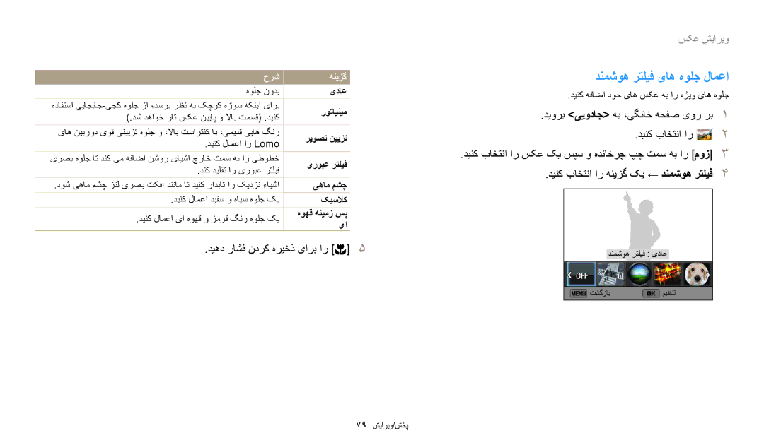 Samsung EC-WB35FZDDRME, EC-WB35FZBDWSA, EC-WB35FZBDBJO manual دنمشوه رتلیف یاه هولج لامعا, ویرایش عکس, یداع, هوهق هنیمز سپ 