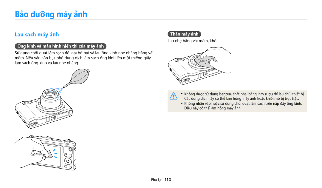 Samsung EC-WB35FZBDWVN manual Bao dưỡng may anh, Lau sach may anh, Ống kinh va man hinh hiên thi cua may anh, Thân may anh 