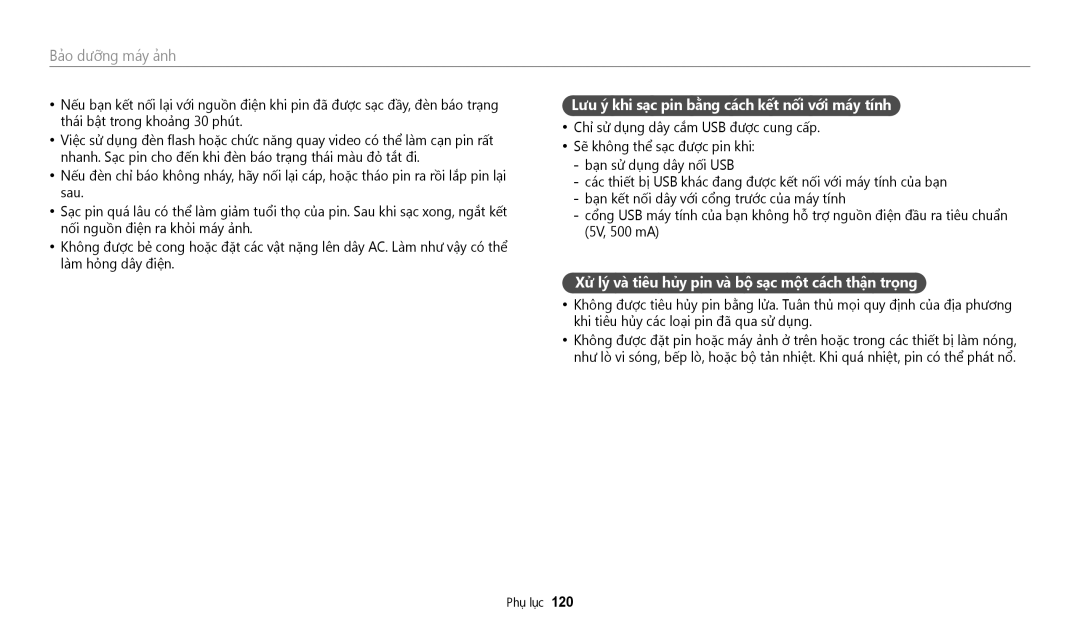 Samsung EC-WB35FZBDWVN manual Lưu y khi sac pin băng cach kêt nôi vơi may tinh 