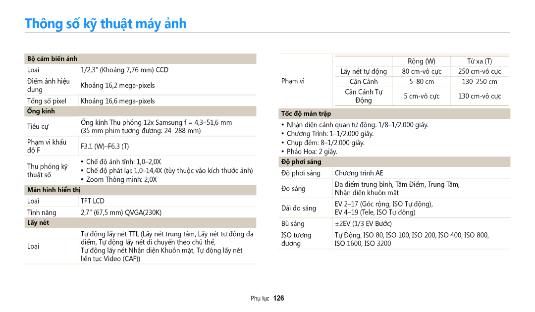 Samsung EC-WB35FZBDWVN manual Thông sô kỹ thuât may anh, Bô cam biên anh, Ống kinh, Lây net, Đô phơi sang 