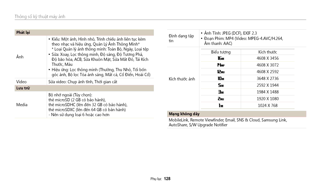 Samsung EC-WB35FZBDWVN manual Lưu trữ, Mang không dây 