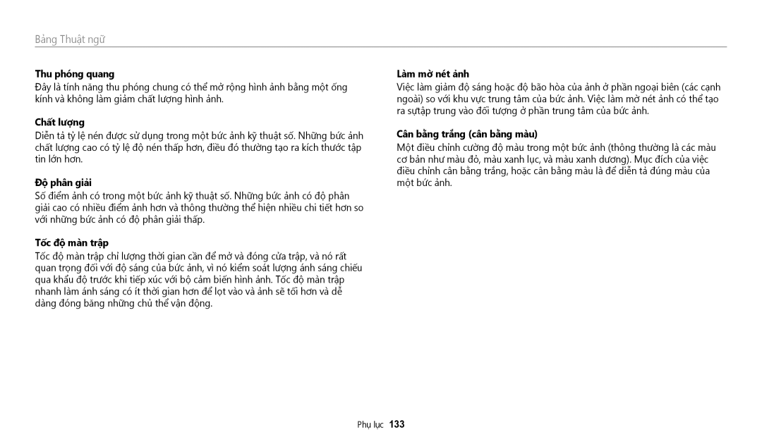 Samsung EC-WB35FZBDWVN manual Thu phong quang, Đô phân giai, Tôc đô man trâp, Lam mơ net anh, Cân băng trăng cân băng mau 