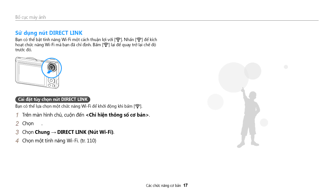 Samsung EC-WB35FZBDWVN manual Sử dụng nút Direct Link, Chọ̣n Chung → Direct Link Nút Wi-Fi, Chọn một tinh năng Wi-Fi. tr 