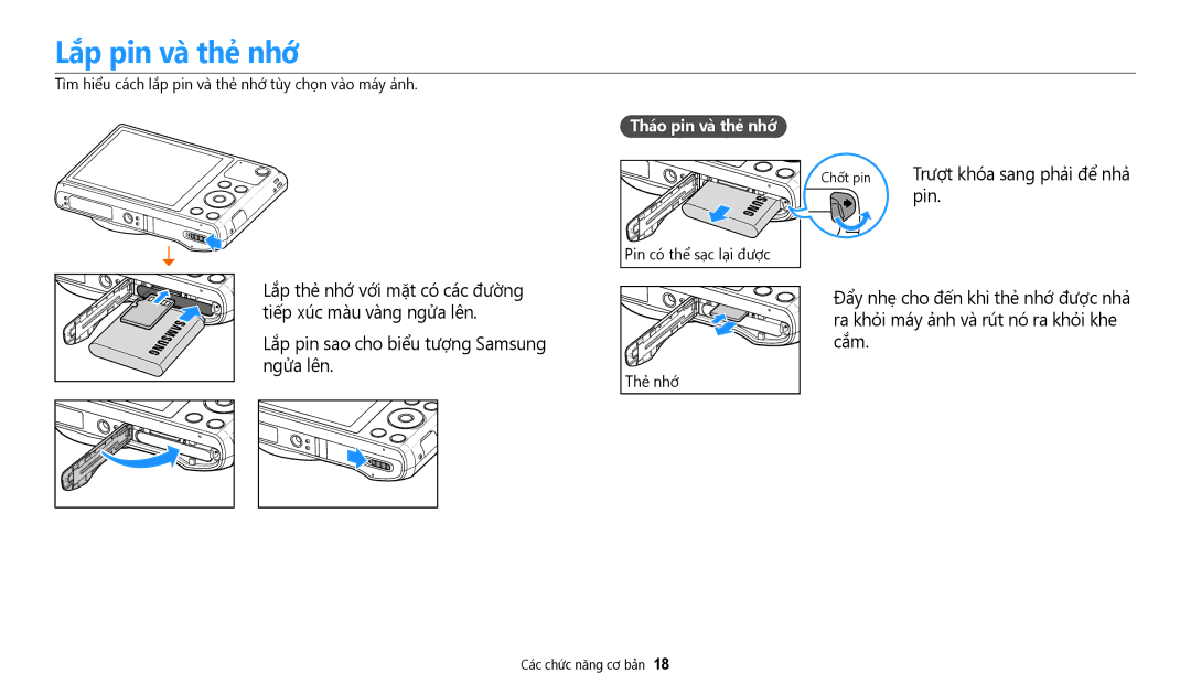 Samsung EC-WB35FZBDWVN manual Lăp pin và thẻ nhớ, Trươt khoa sang phải để nhả pin, Thao pin và thẻ nhớ, Chốt pin 